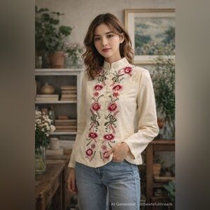 Raindrops M Ivory Embroidered Mandarin Collar Jacket Asian Inspired